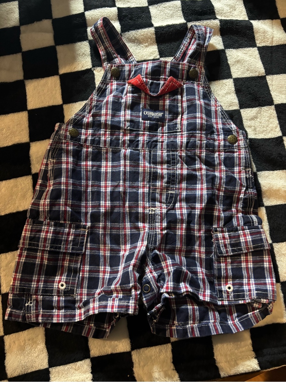 12 month short Oshkosh plaid overalls